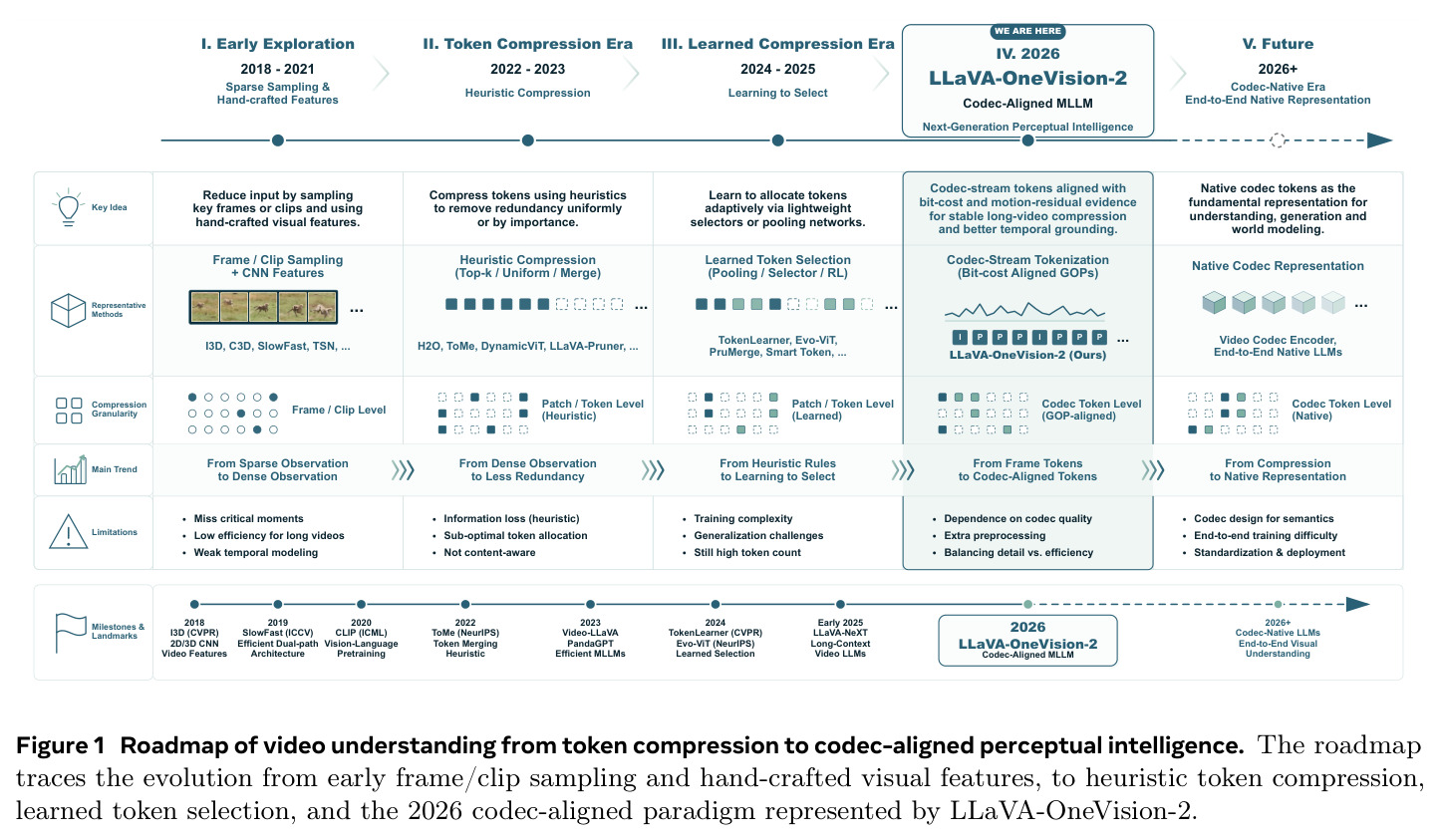 Roadmap of video understanding from token compression to codec-aligned perceptual intelligence.