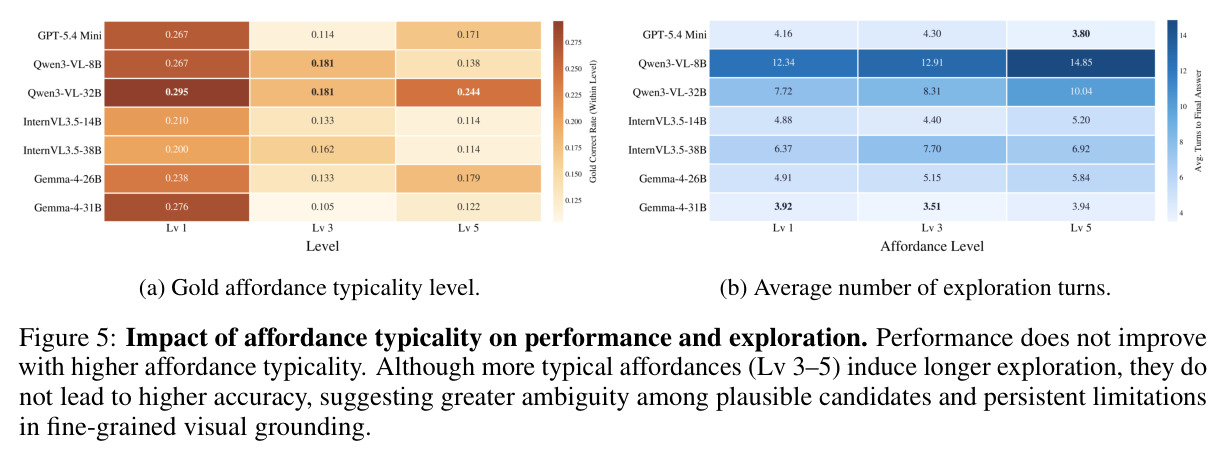 Impact of affordance typicality on performance and exploration. Performance does not improve with higher affordance typicality. Although more typical affordances (Lv 3–5) induce longer exploration, they do not lead to higher accuracy.