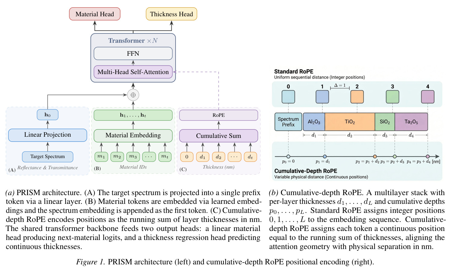 PRISM architecture (left) and cumulative-depth RoPE positional encoding (right).