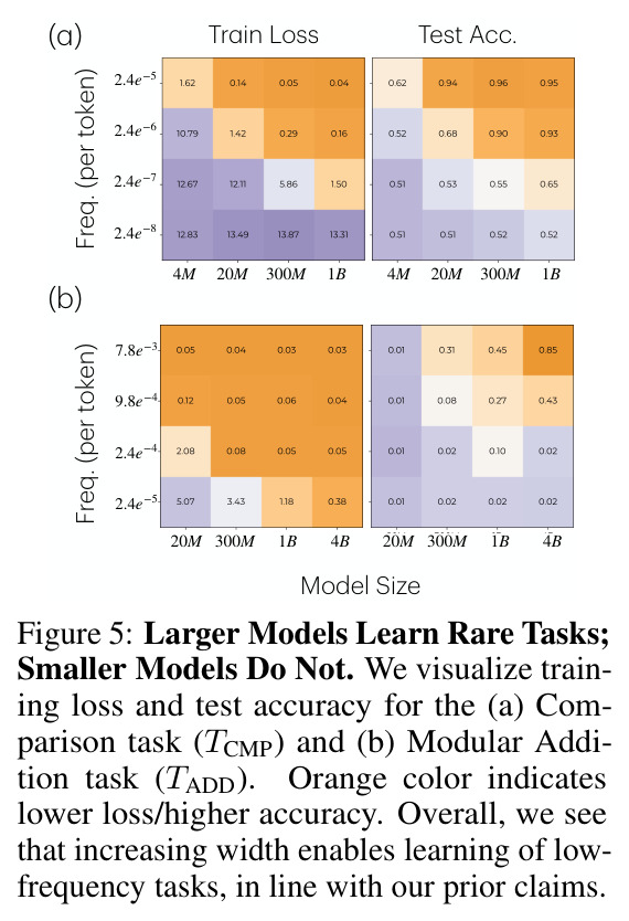 Larger Models Learn Rare Tasks; Smaller Models Do Not. We visualize training loss and test accuracy for the (a) Comparison task (TCMP) and (b) Modular Addition task (TADD).