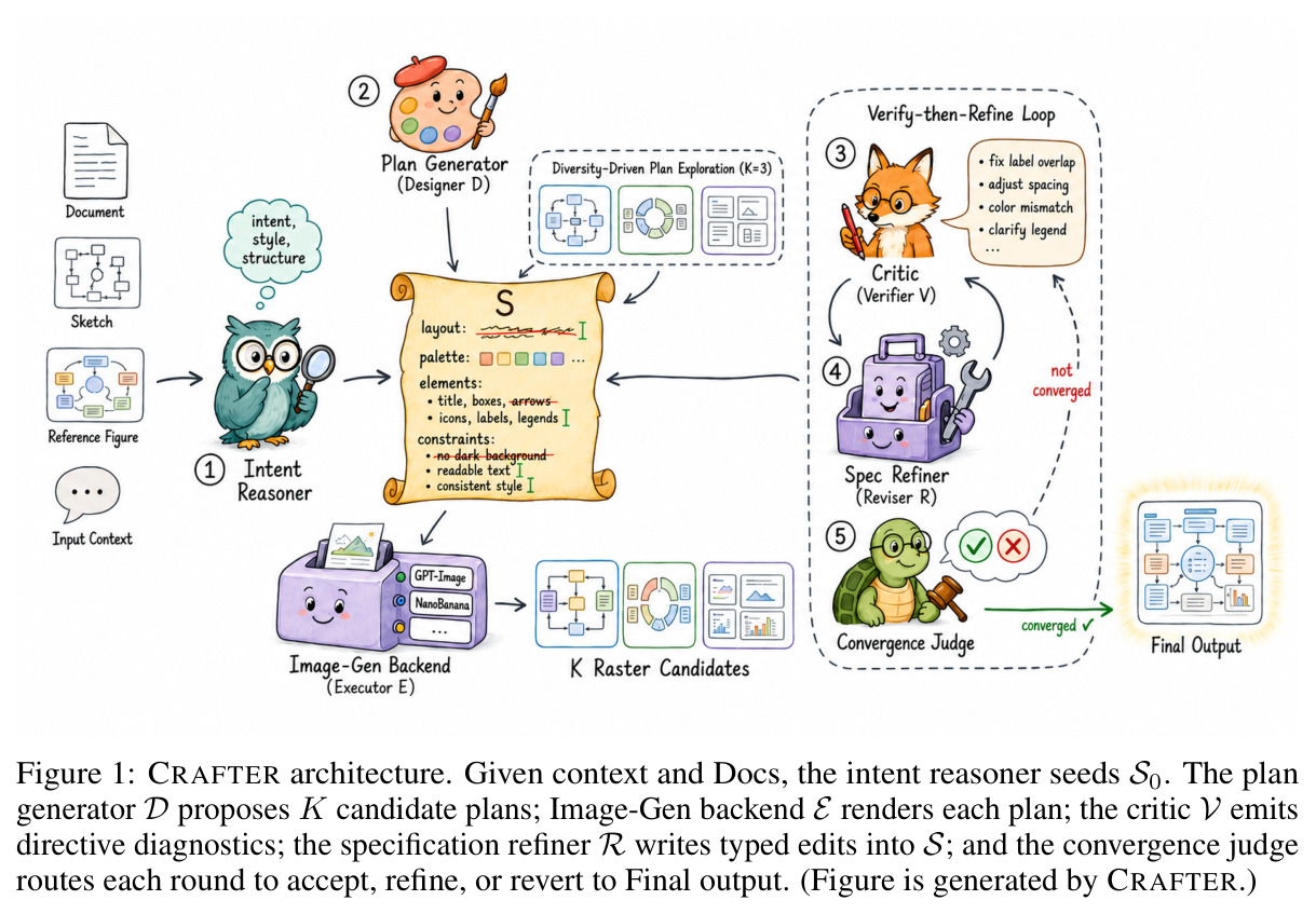 CRAFTER architecture. Given context and Docs, the intent reasoner seeds S0. The plan generator D proposes K candidate plans; Image-Gen backend E renders each plan; the critic V emits directive diagnostics; the specification refiner R writes typed edits into S; and the convergence judge routes each round to accept, refine, or revert to Final output. (Figure is generated by CRAFTER.)