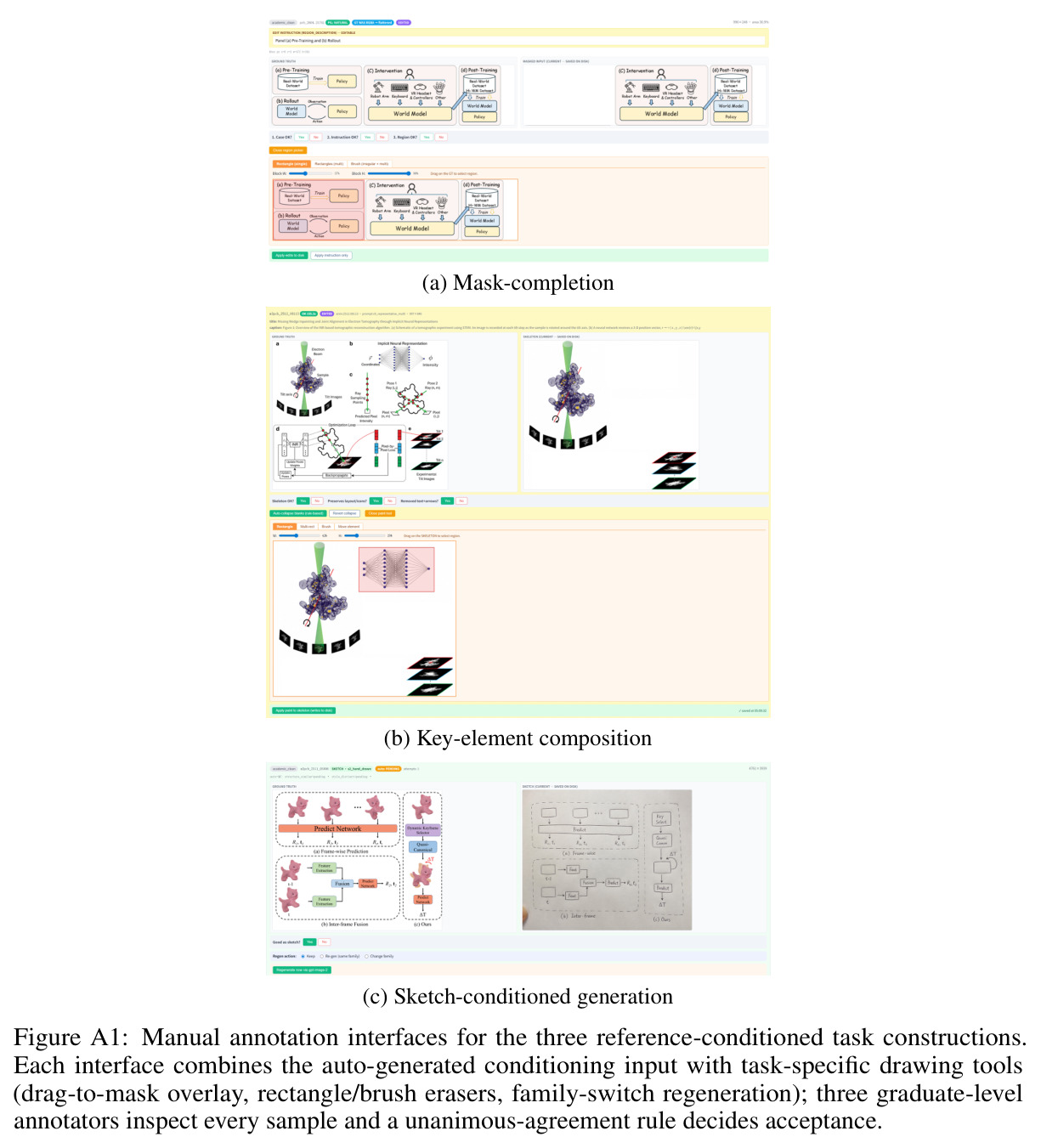 Manual annotation interfaces for the three reference-conditioned task constructions.