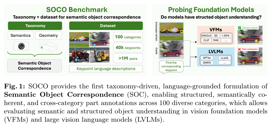SOCO provides the first taxonomy-driven, language-grounded formulation of Semantic Object Correspondence (SOC), enabling structured, semantically coherent, and cross-category part annotations across 100 diverse categories, which allows evaluating semantic and structured object understanding in vision foundation models (VFMs) and large vision language models (LVLMs).