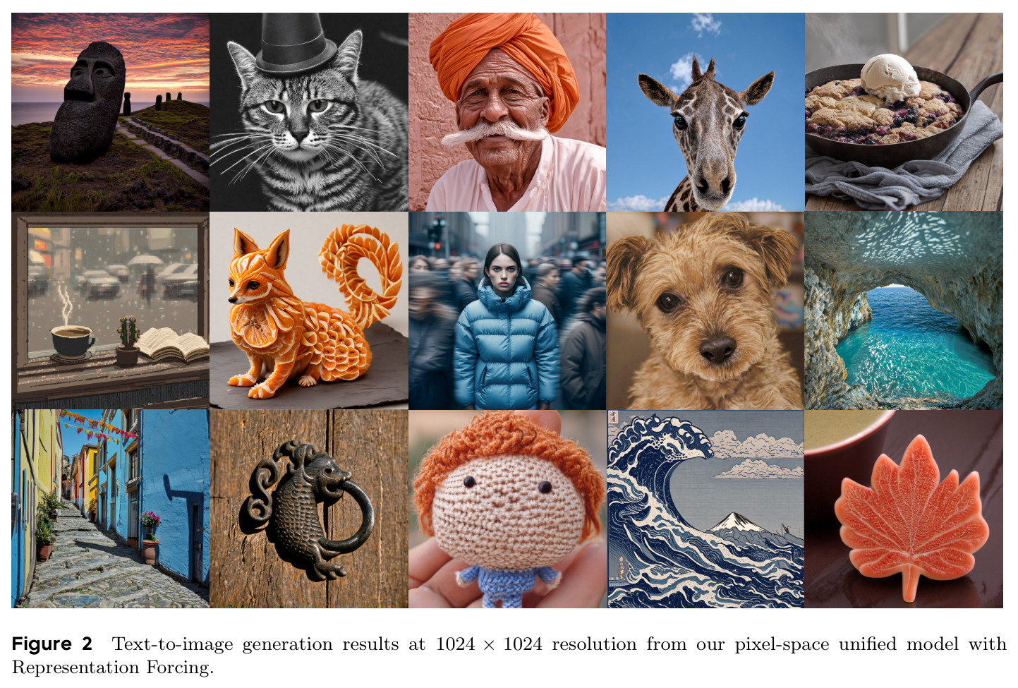Text-to-image generation results at 1024 × 1024 resolution from our pixel-space unified model with Representation Forcing