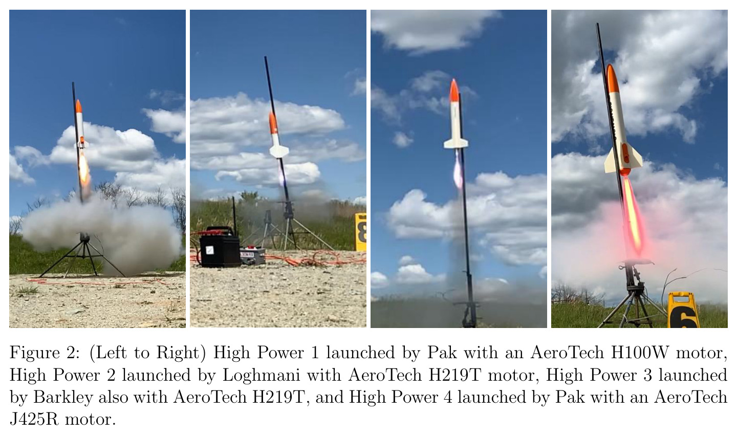 (Left to Right) High Power 1 launched by Pak with an AeroTech H100W motor, High Power 2 launched by Loghmani with AeroTech H219T motor, High Power 3 launched by Barkley also with AeroTech H219T, and High Power 4 launched by Pak with an AeroTech J425R motor