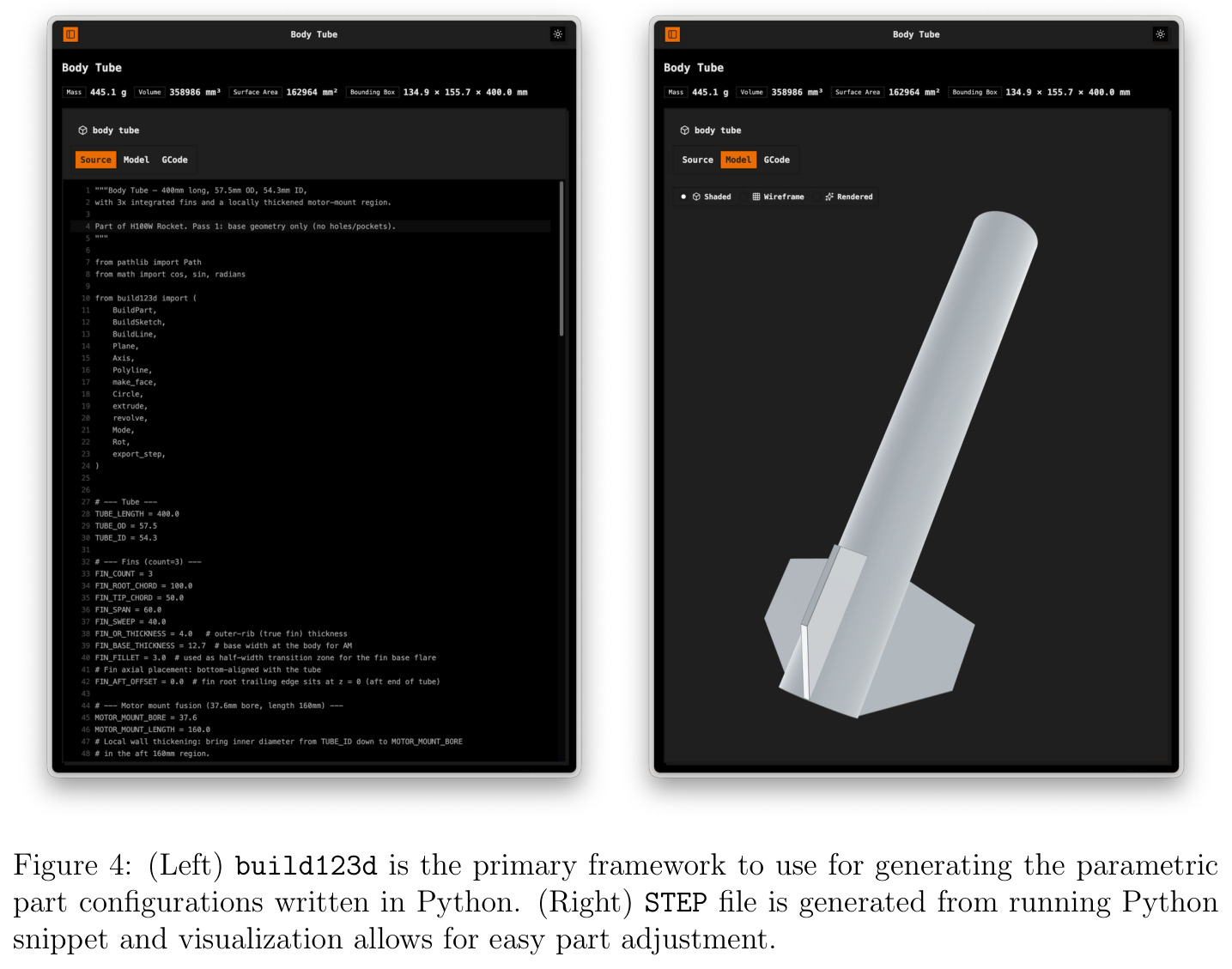 (Left) build123d is the primary framework to use for generating the parametric part configurations written in Python. (Right) STEP file is generated from running Python snippet and visualization allows for easy part adjustment.