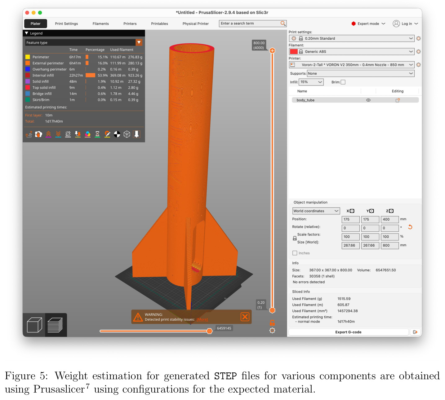 Weight estimation for generated STEP files for various components are obtained using Prusaslicer using configurations for the expected material.
