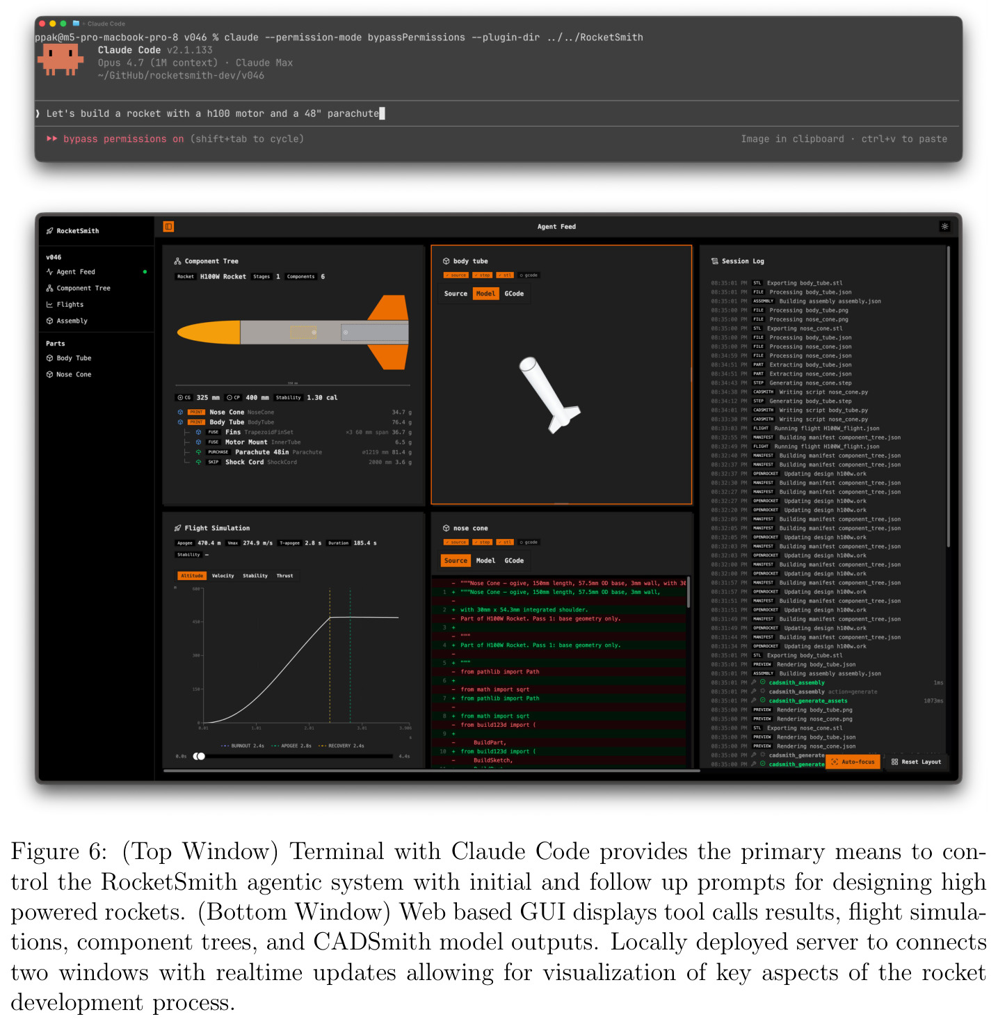 (Top Window) Terminal with Claude Code provides the primary means to control the RocketSmith agentic system with initial and follow up prompts for designing high powered rockets. (Bottom Window) Web based GUI displays tool calls results, flight simulations, component trees, and CADSmith model outputs.