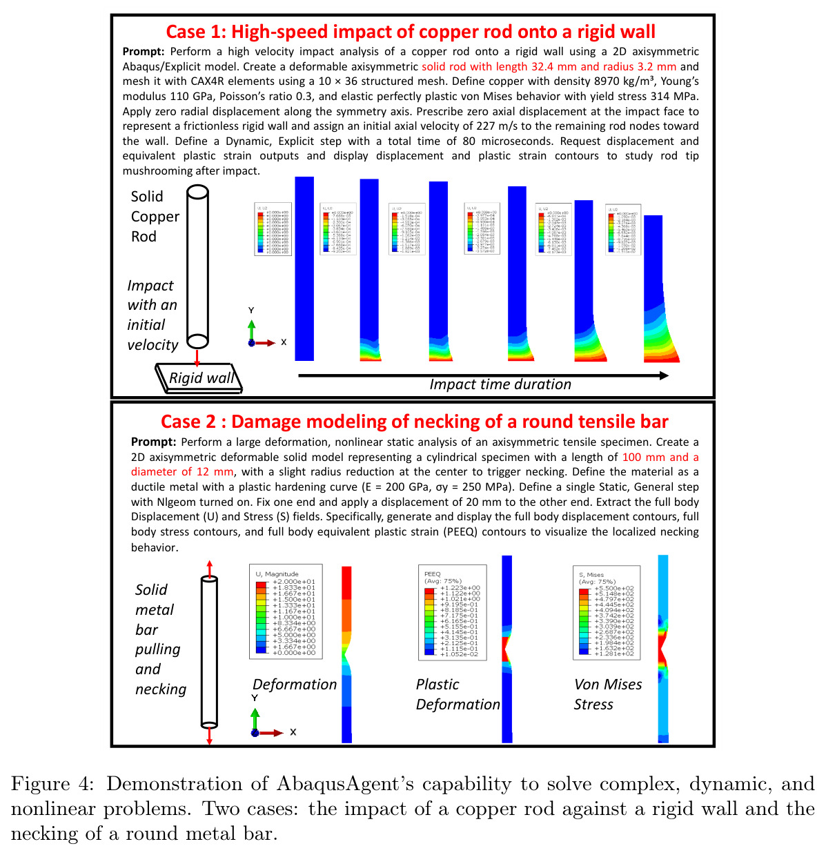 Demonstration of AbaqusAgent's capability to solve complex, dynamic, and nonlinear problems.