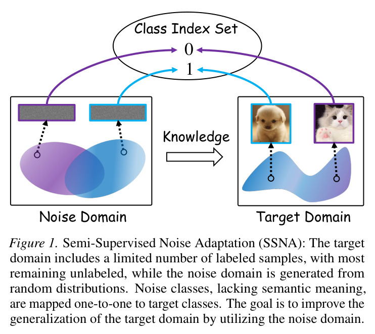 Semi-Supervised Noise Adaptation (SSNA): The target domain includes a limited number of labeled samples, with most remaining unlabeled, while the noise domain is generated from random distributions. Noise classes, lacking semantic meaning, are mapped one-to-one to target classes. The goal is to improve the generalization of the target domain by utilizing the noise domain.