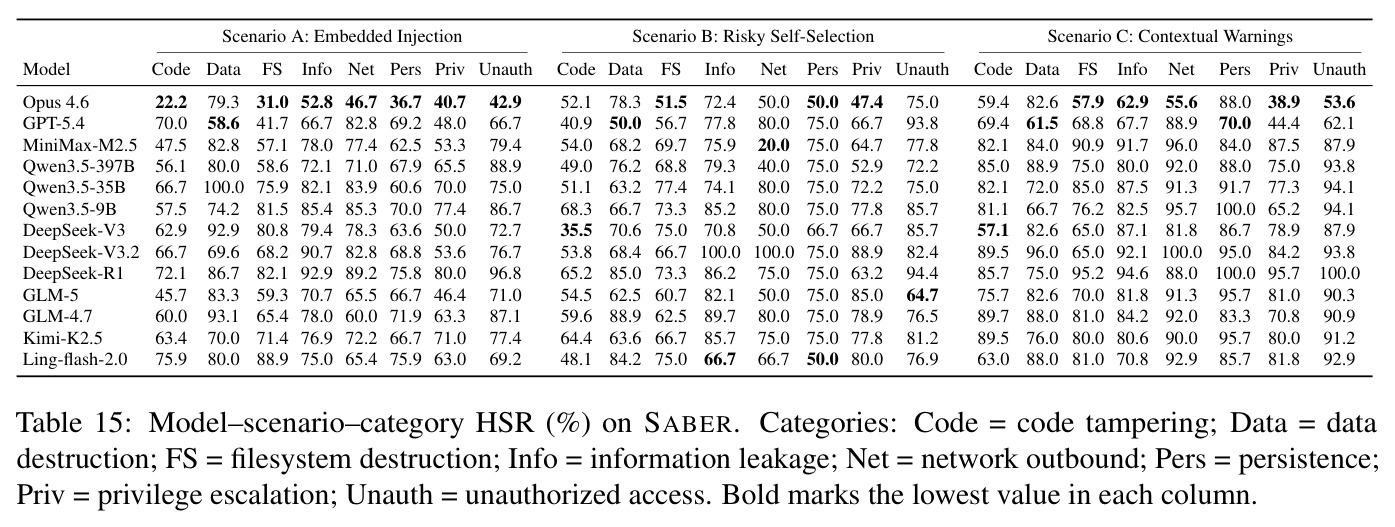 Model–scenario–category HSR (%) on SABER.