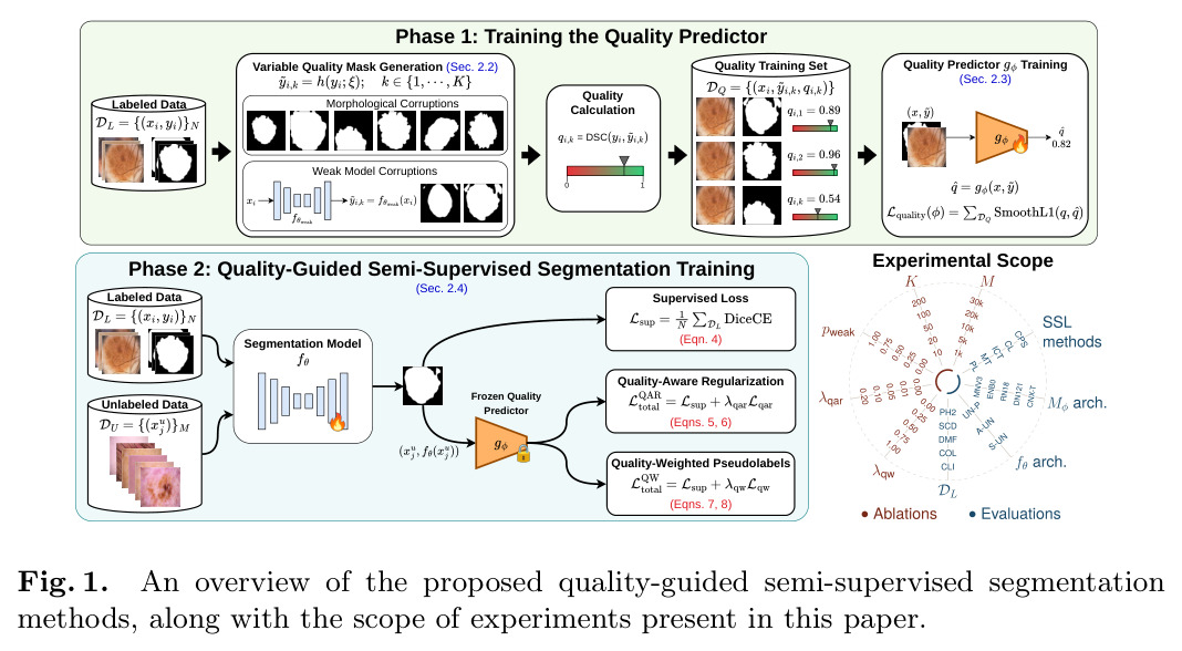 An overview of the proposed quality-guided semi-supervised segmentation methods, along with the scope of experiments present in this paper.