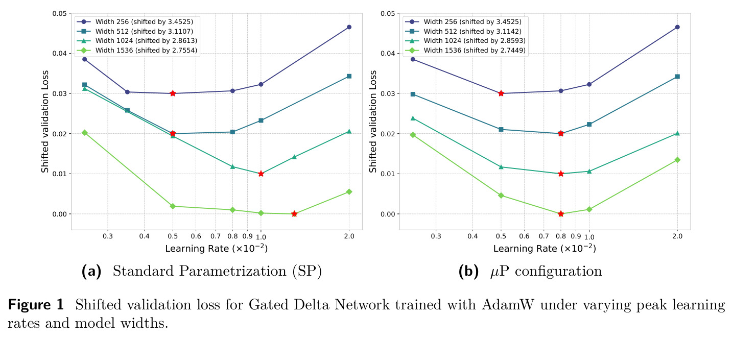 Shifted validation loss for Gated Delta Network trained with AdamW under varying peak learning rates and model widths.