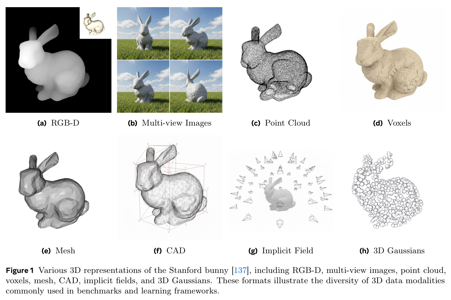 Various 3D representations of the Stanford bunny, including RGB-D, multi-view images, point cloud, voxels, mesh, CAD, implicit fields, and 3D Gaussians.
