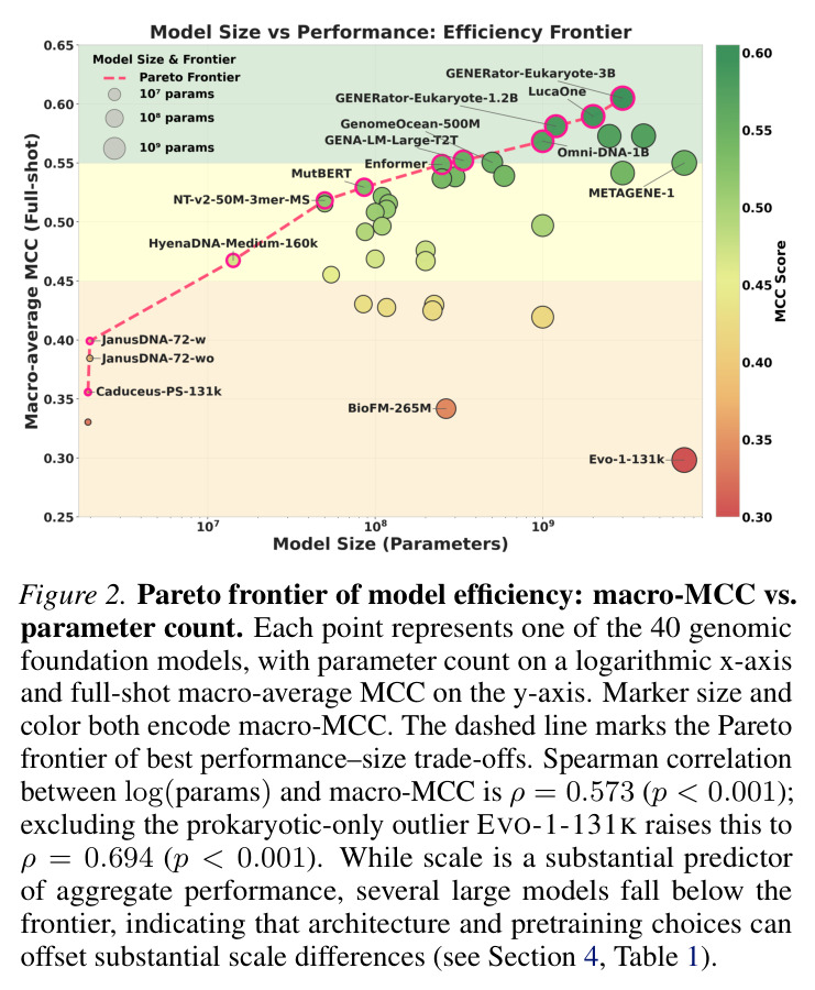 Pareto frontier of model efficiency: macro-MCC vs. parameter count