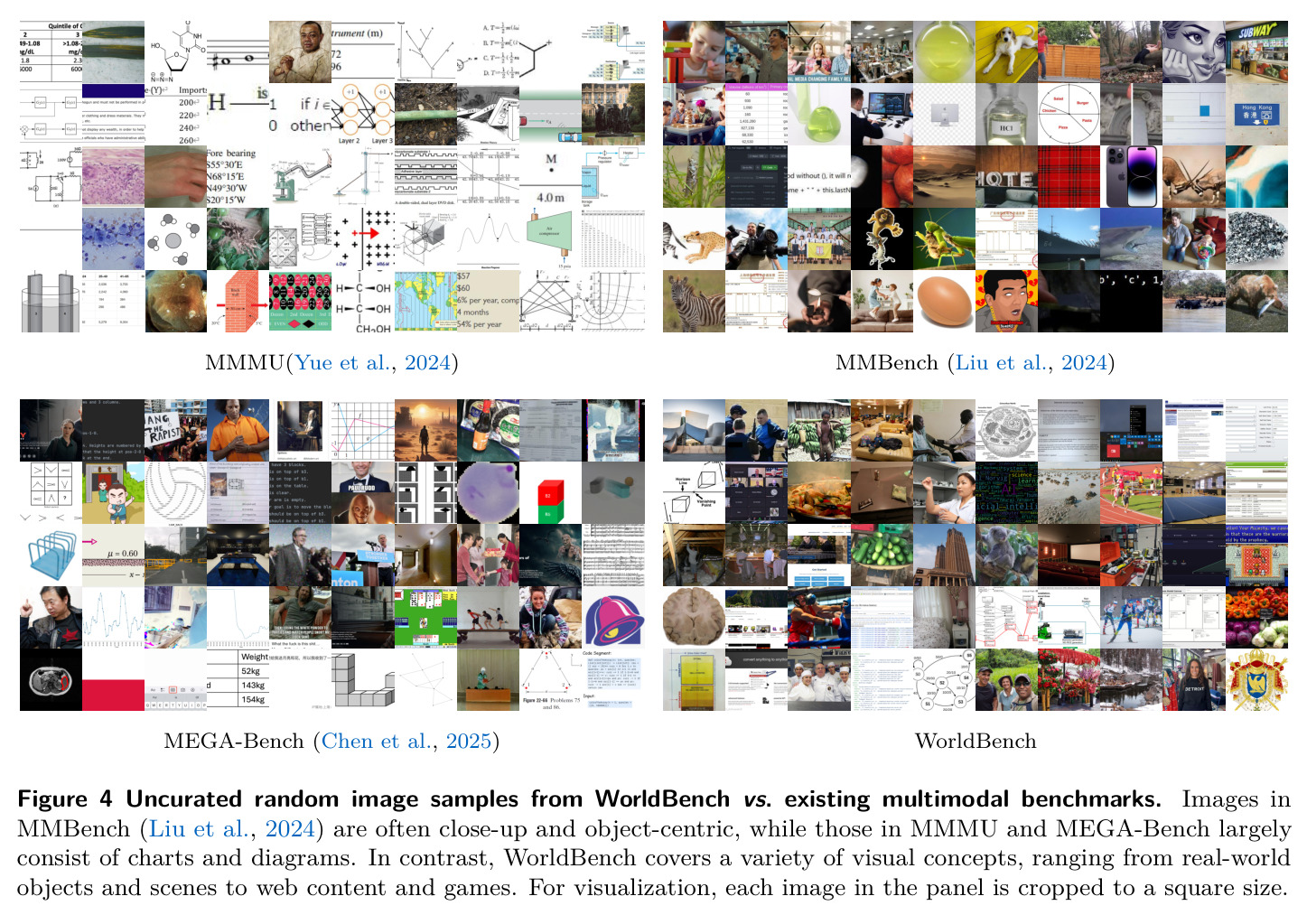 Uncurated random image samples from WorldBench vs. existing multimodal benchmarks