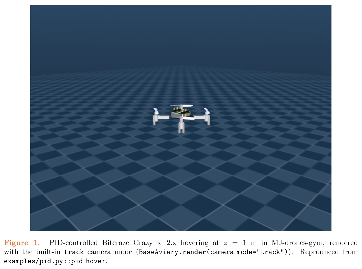 PID-controlled Bitcraze Crazyflie 2.x hovering at z = 1 m in MJ-drones-gym, rendered with the built-in track camera mode (BaseAviary.render(camera mode="track")). Reproduced from examples/pid.py::pid hover.