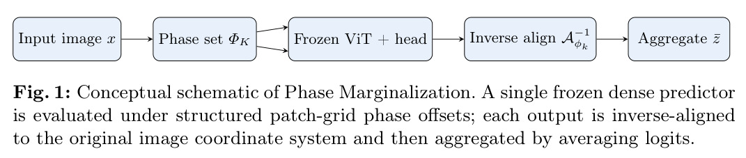 Conceptual schematic of Phase Marginalization. A single frozen dense predictor is evaluated under structured patch-grid phase offsets; each output is inverse-aligned to the original image coordinate system and then aggregated by averaging logits.