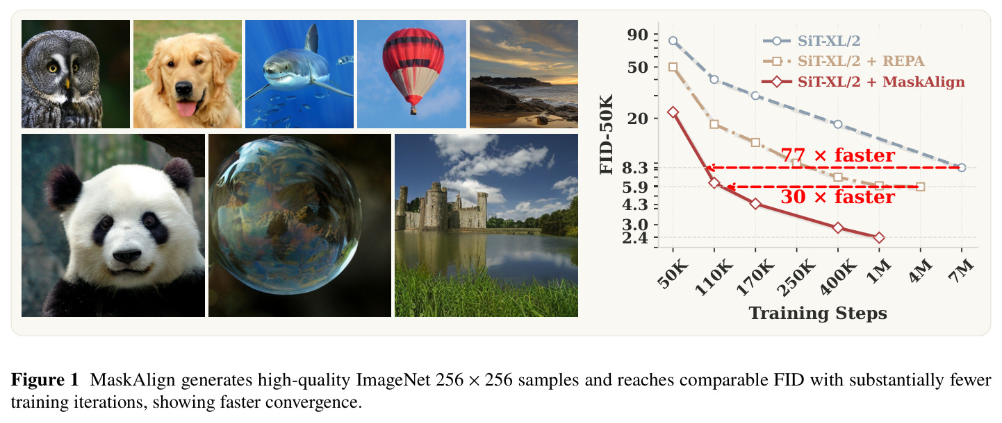 MaskAlign generates high-quality ImageNet 256 × 256 samples and reaches comparable FID with substantially fewer training iterations, showing faster convergence.