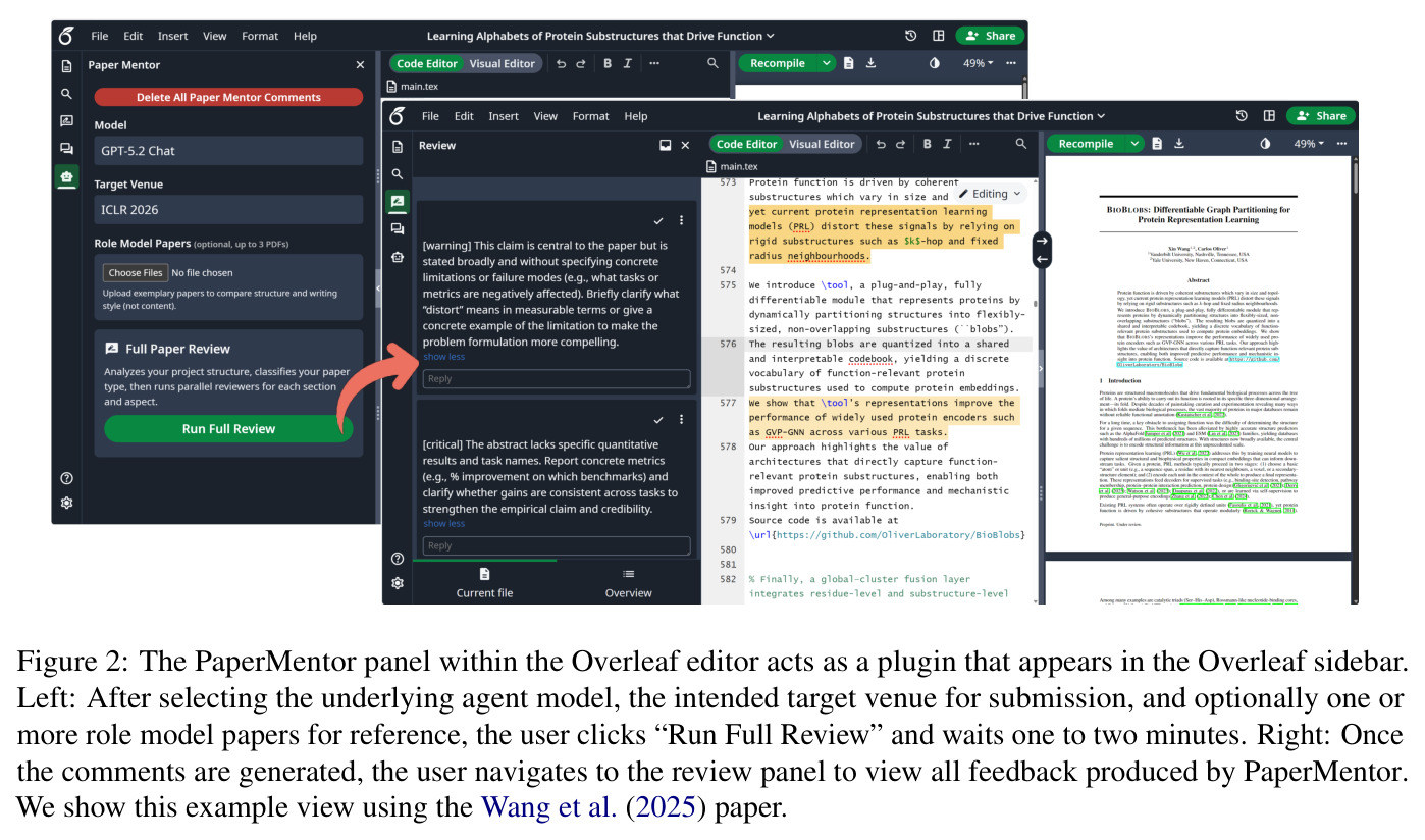The PaperMentor panel within the Overleaf editor acts as a plugin that appears in the Overleaf sidebar. Left: After selecting the underlying agent model, the intended target venue for submission, and optionally one or more role model papers for reference, the user clicks 'Run Full Review' and waits one to two minutes. Right: Once the comments are generated, the user navigates to the review panel to view all feedback produced by PaperMentor. We show this example view using the Wang et al. (2025) paper.