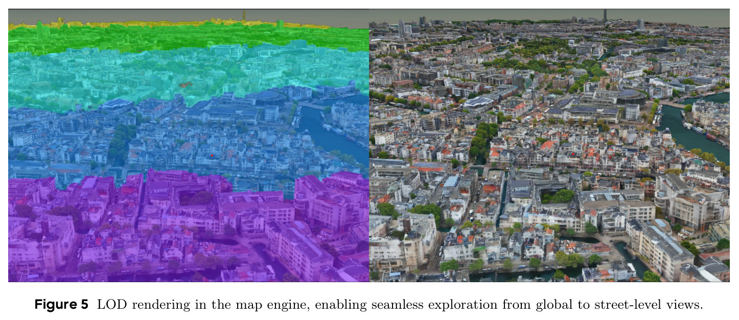 LOD rendering in the map engine, enabling seamless exploration from global to street-level views.