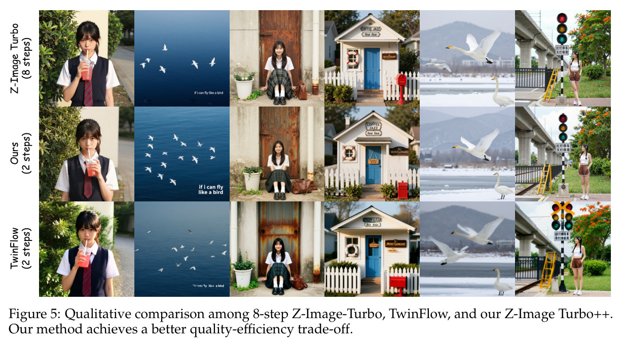Qualitative comparison among 8-step Z-Image-Turbo, TwinFlow, and our Z-Image Turbo++.