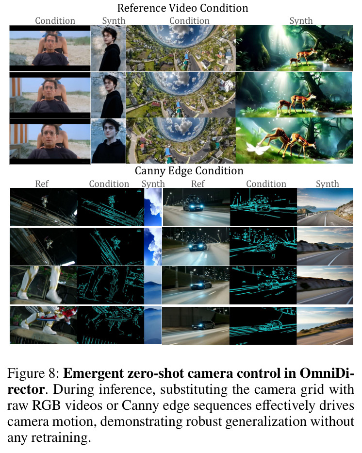 Emergent zero-shot camera control in OmniDirector. During inference, substituting the camera grid with raw RGB videos or Canny edge sequences effectively drives camera motion, demonstrating robust generalization without any retraining.