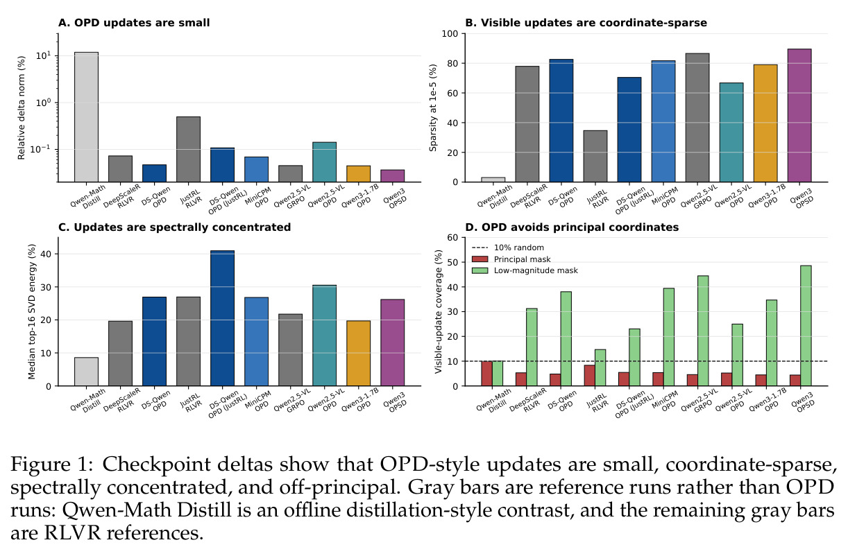 Checkpoint deltas show OPD updates are small, coordinate-sparse, spectrally concentrated, and off-principal.