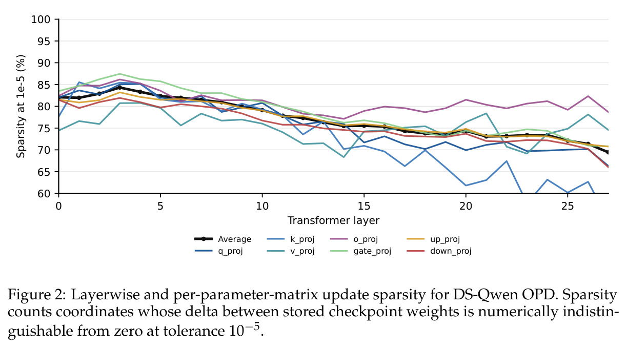 Layerwise and per-parameter-matrix update sparsity for DS-Qwen OPD.