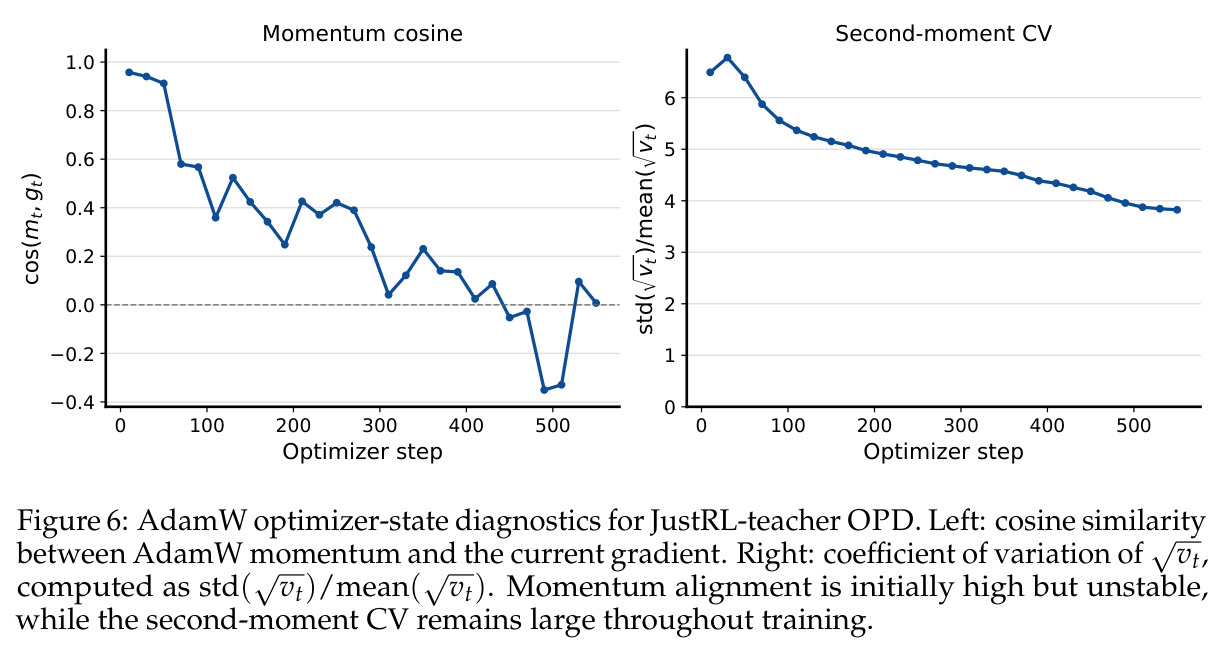 AdamW optimizer-state diagnostics for JustRL-teacher OPD.