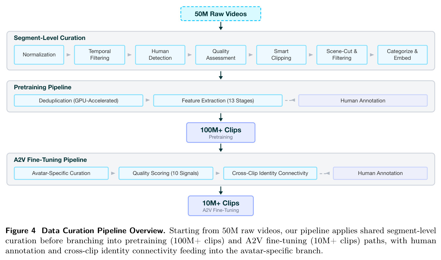 Data Curation Pipeline Overview. Starting from 50M raw videos, our pipeline applies shared segment-level curation before branching into pretraining (100M+ clips) and A2V fine-tuning (10M+ clips) paths, with human annotation and cross-clip identity connectivity feeding into the avatar-specific branch.