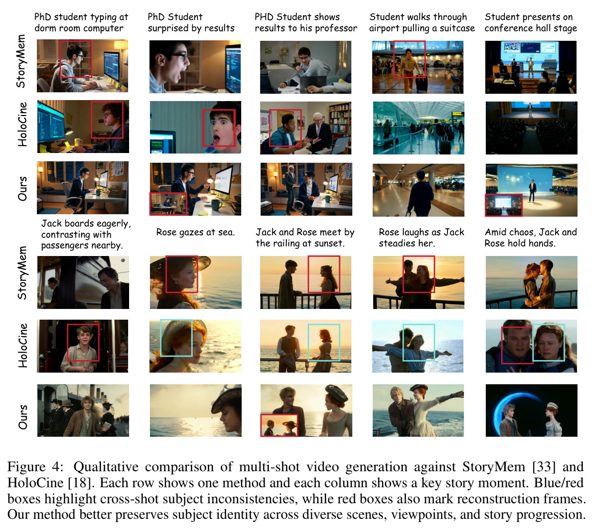 Qualitative comparison of multi-shot video generation against StoryMem and HoloCine.