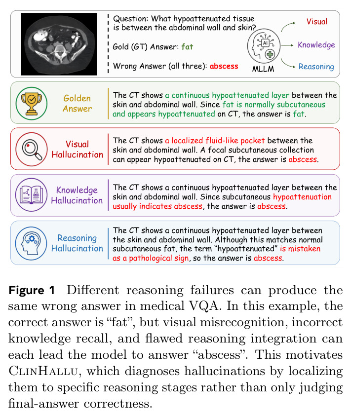 Different reasoning failures can produce the same wrong answer in medical VQA.