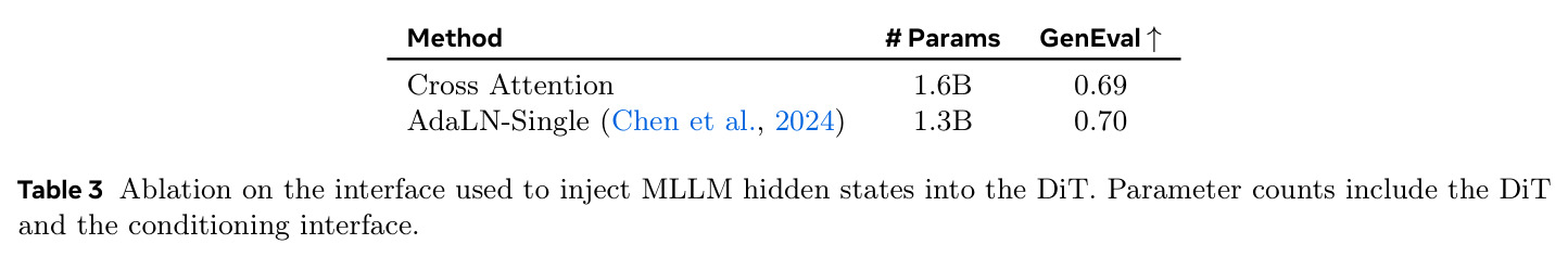 Ablation on the interface used to inject MLLM hidden states into the DiT