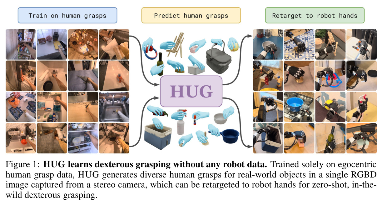 HUG learns dexterous grasping without any robot data. Trained solely on egocentric human grasp data, HUG generates diverse human grasps for real-world objects in a single RGB-D image captured from a stereo camera, which can be retargeted to robot hands for zero-shot, in-the-wild dexterous grasping.