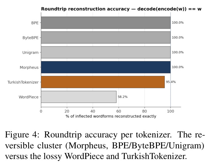 Roundtrip accuracy per tokenizer. The reversible cluster (Morpheus, BPE/ByteBPE/Unigram) versus the lossy WordPiece and TurkishTokenizer.