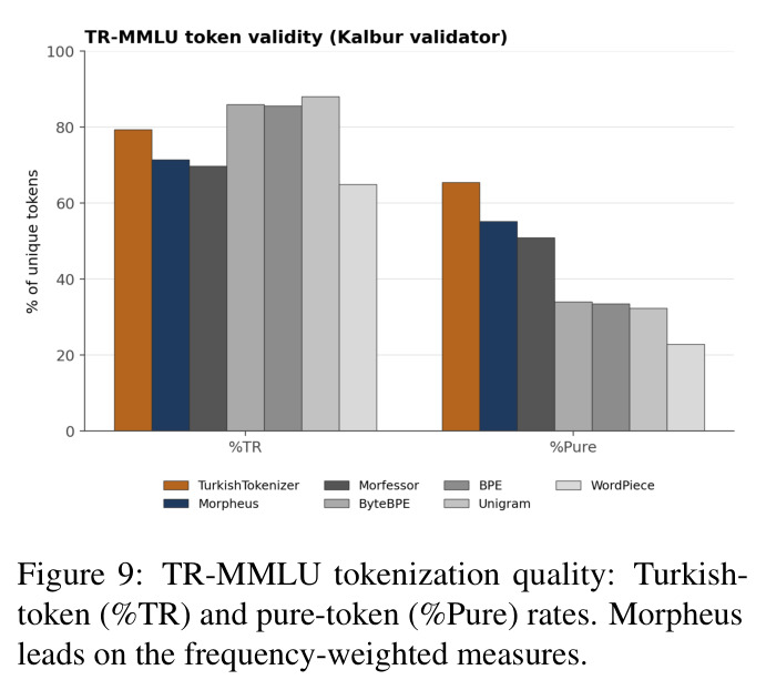 TR-MMLU tokenization quality: Turkish-token (%TR) and pure-token (%Pure) rates. Morpheus leads on the frequency-weighted measures.