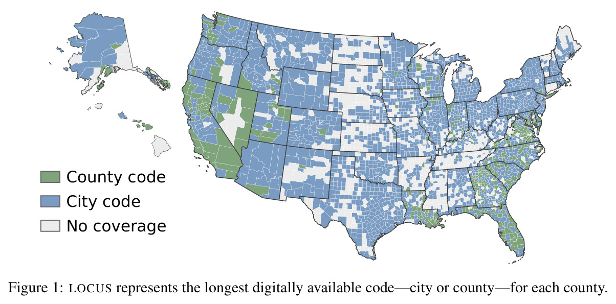 LOCUS represents the longest digitally available code—city or county—for each county.