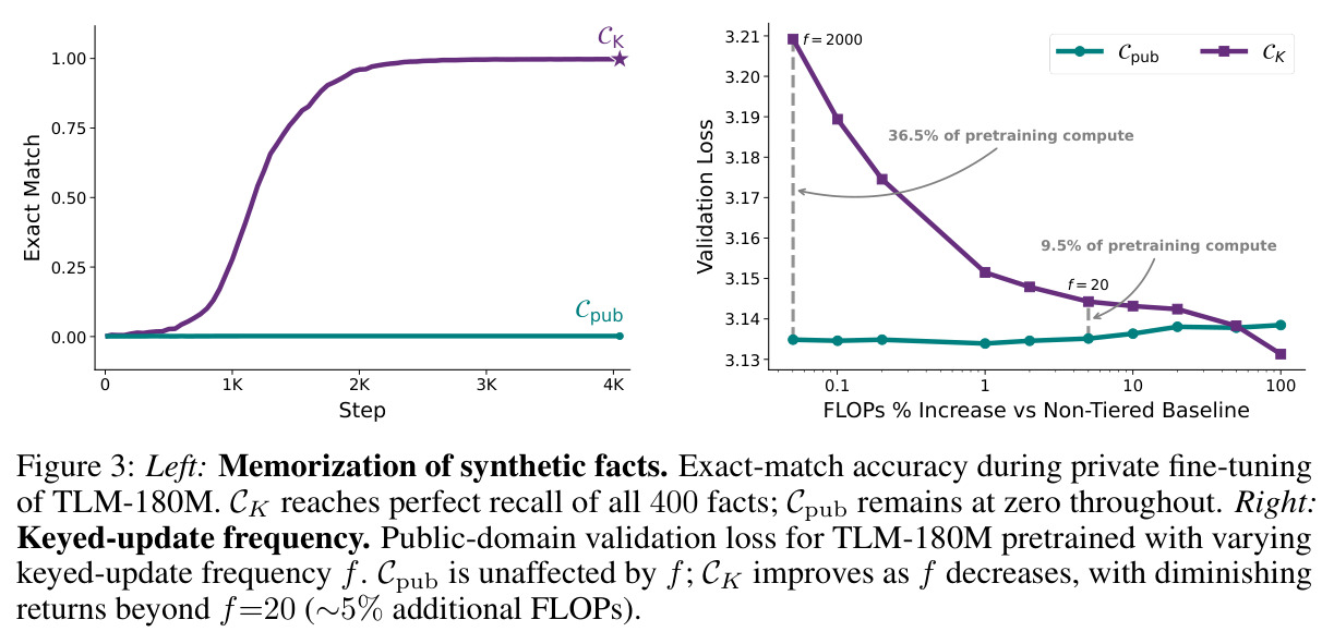 Left: Memorization of synthetic facts. Right: Keyed-update frequency