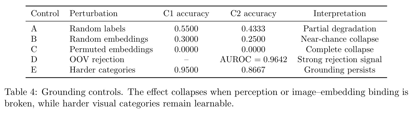 Grounding controls. The effect collapses when perception or image–embedding binding is broken, while harder visual categories remain learnable.
