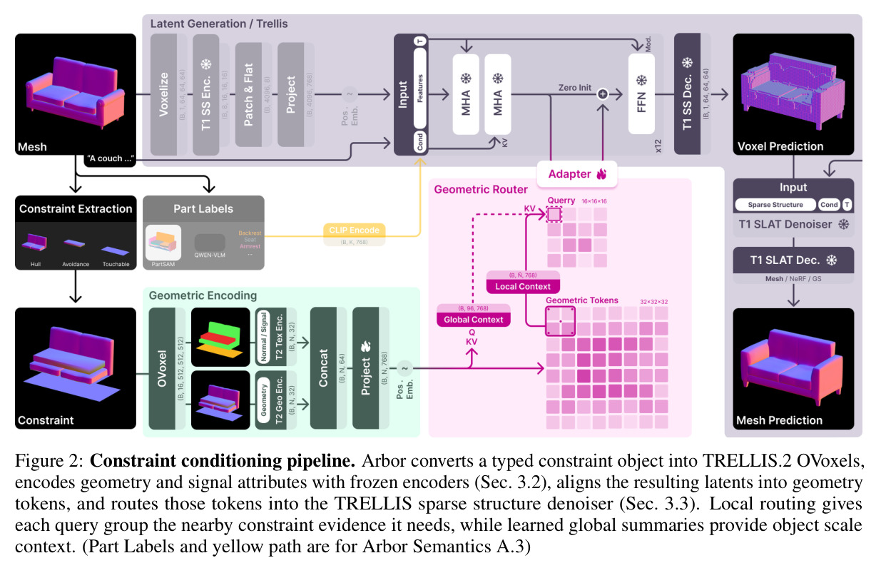 Constraint conditioning pipeline. Arbor converts a typed constraint object into TRELLIS.2 OVoxels, encodes geometry and signal attributes with frozen encoders (Sec. 3.2), aligns the resulting latents into geometry tokens, and routes those tokens into the TRELLIS sparse structure denoiser (Sec. 3.3). Local routing gives each query group the nearby constraint evidence it needs, while learned global summaries provide object scale context.