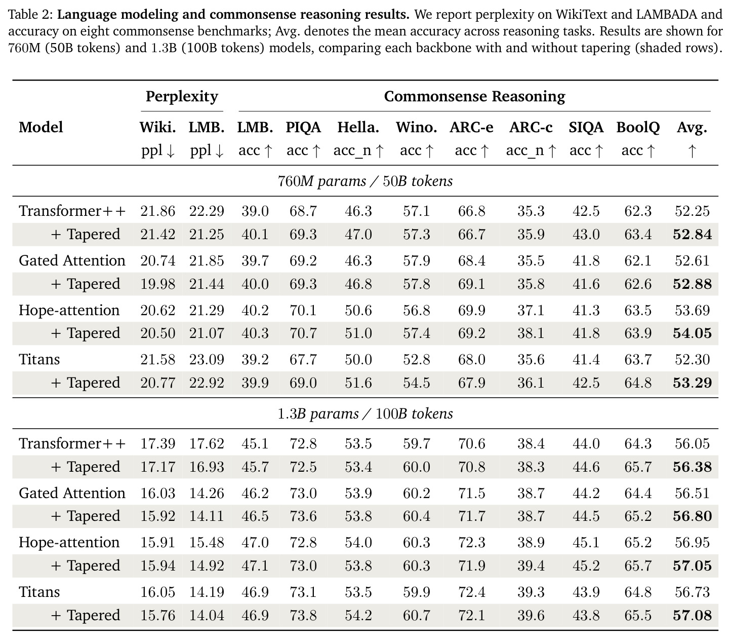 Language modeling and commonsense reasoning results.