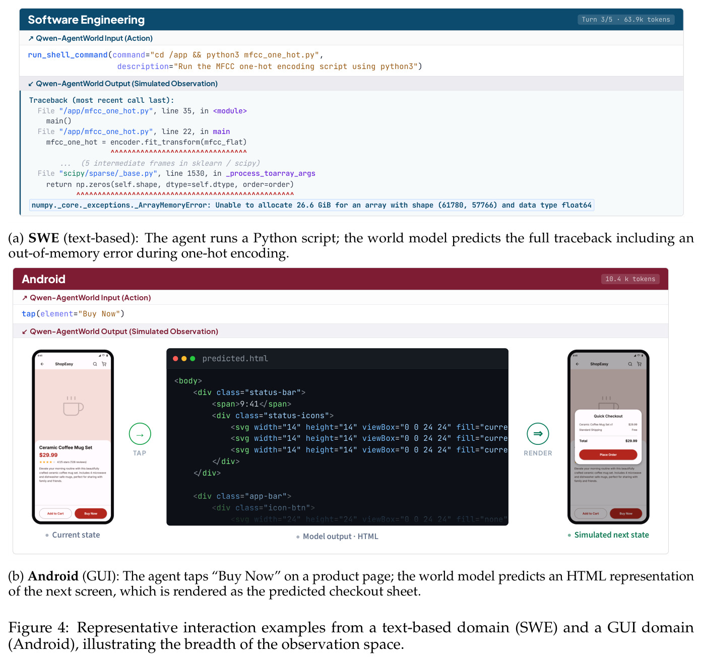 Representative interaction examples from a text-based domain (SWE) and a GUI domain (Android), illustrating the breadth of the observation space.