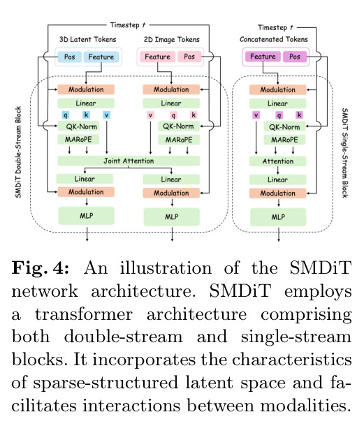An illustration of the SMDiT network architecture. SMDiT employs a transformer architecture comprising both double-stream and single-stream blocks. It incorporates the characteristics of sparse-structured latent space and facilitates interactions between modalities.