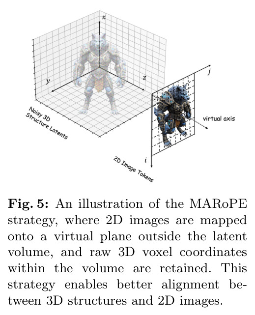 An illustration of the MARoPE strategy, where 2D images are mapped onto a virtual plane outside the latent volume, and raw 3D voxel coordinates within the volume are retained. This strategy enables better alignment between 3D structures and 2D images.