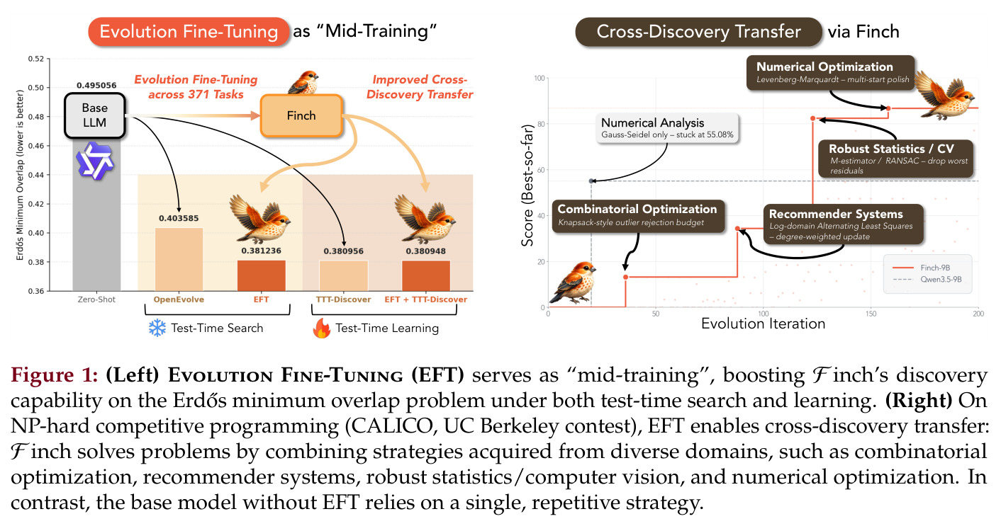 Evolution Fine-Tuning as “Mid-Training”（左）与 Cross-Discovery Transfer via Finch（右）