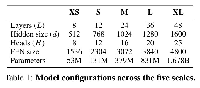 Model configurations across the five scales