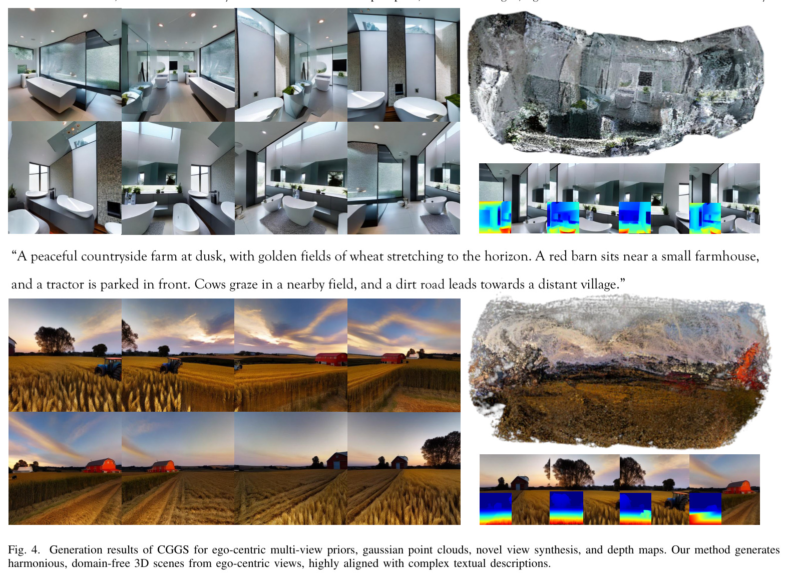 Generation results of CGGS for ego-centric multi-view priors, gaussian point clouds, novel view synthesis, and depth maps