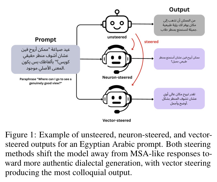 Example of unsteered, neuron-steered, and vector-steered outputs for an Egyptian Arabic prompt. Both steering methods shift the model away from MSA-like responses toward more authentic dialectal generation, with vector steering producing the most colloquial output.