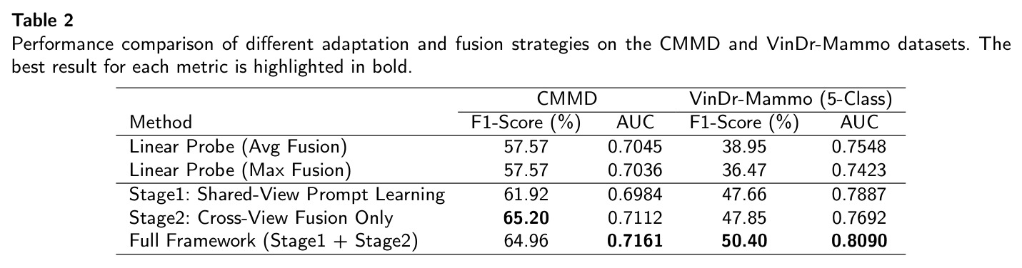 Performance comparison of different adaptation and fusion strategies on the CMMD and VinDr-Mammo datasets. The best result for each metric is highlighted in bold.